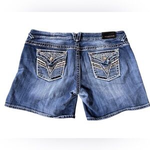 VIGOSS The New York Denim Jean Shorts Size 15/16 Flap Pocket Thick Stitch Bling